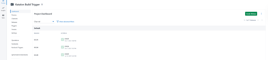 Project dashboard snapshot in Octopus