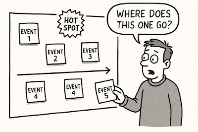 Cartoon of a man organizing events on a board called "Hot Spot"