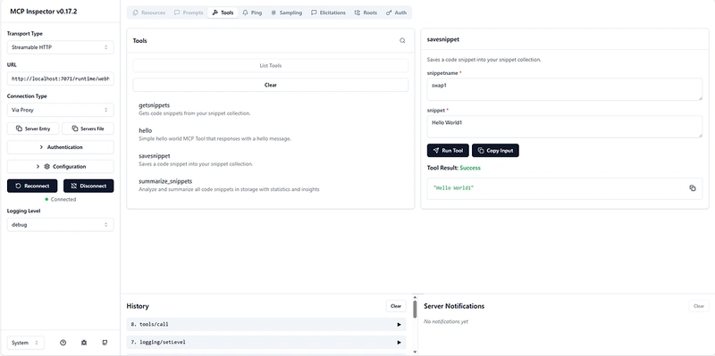 Screenshot of the MCP inspector.