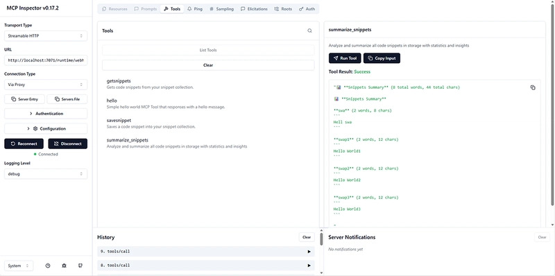 Screenshot of the MCP inspector.