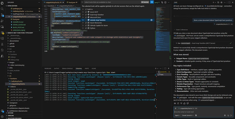 Screenshot shows use of store_document tool with appropriate parameters.
