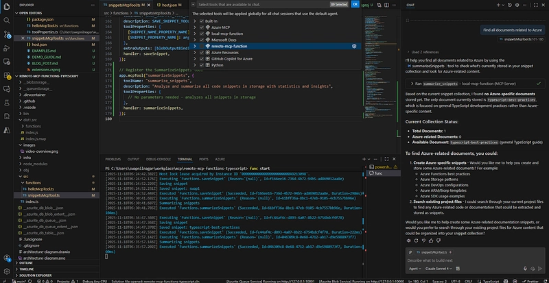 Screenshot shows use of summarize_snippets tool to retrieve all the saved documents.