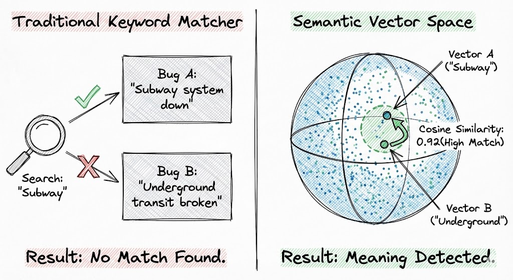 Traditional keyword matcher vs. semantic vector space