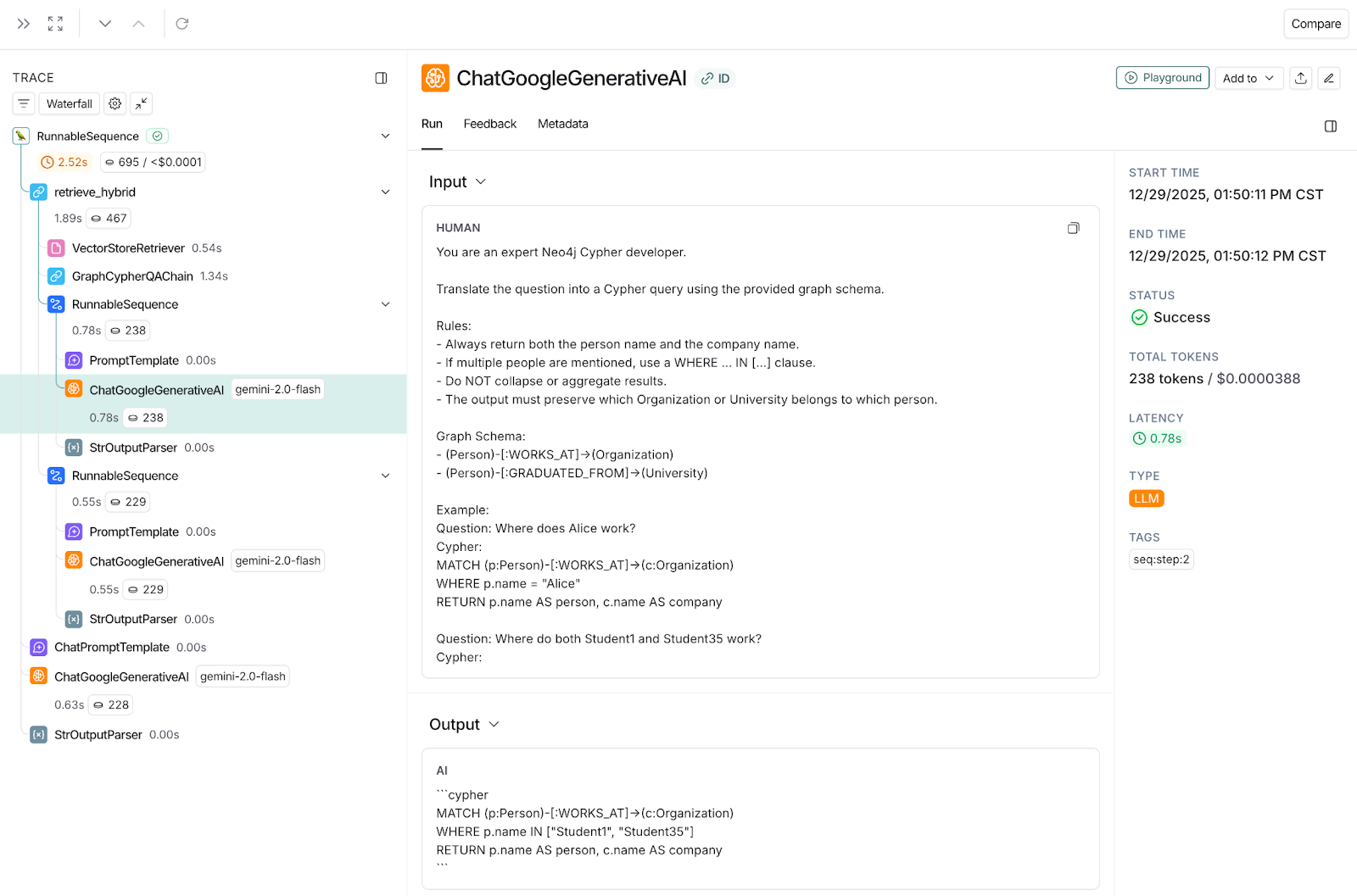 LangSmith snapshot showing the correct Cypher query generated for the user question