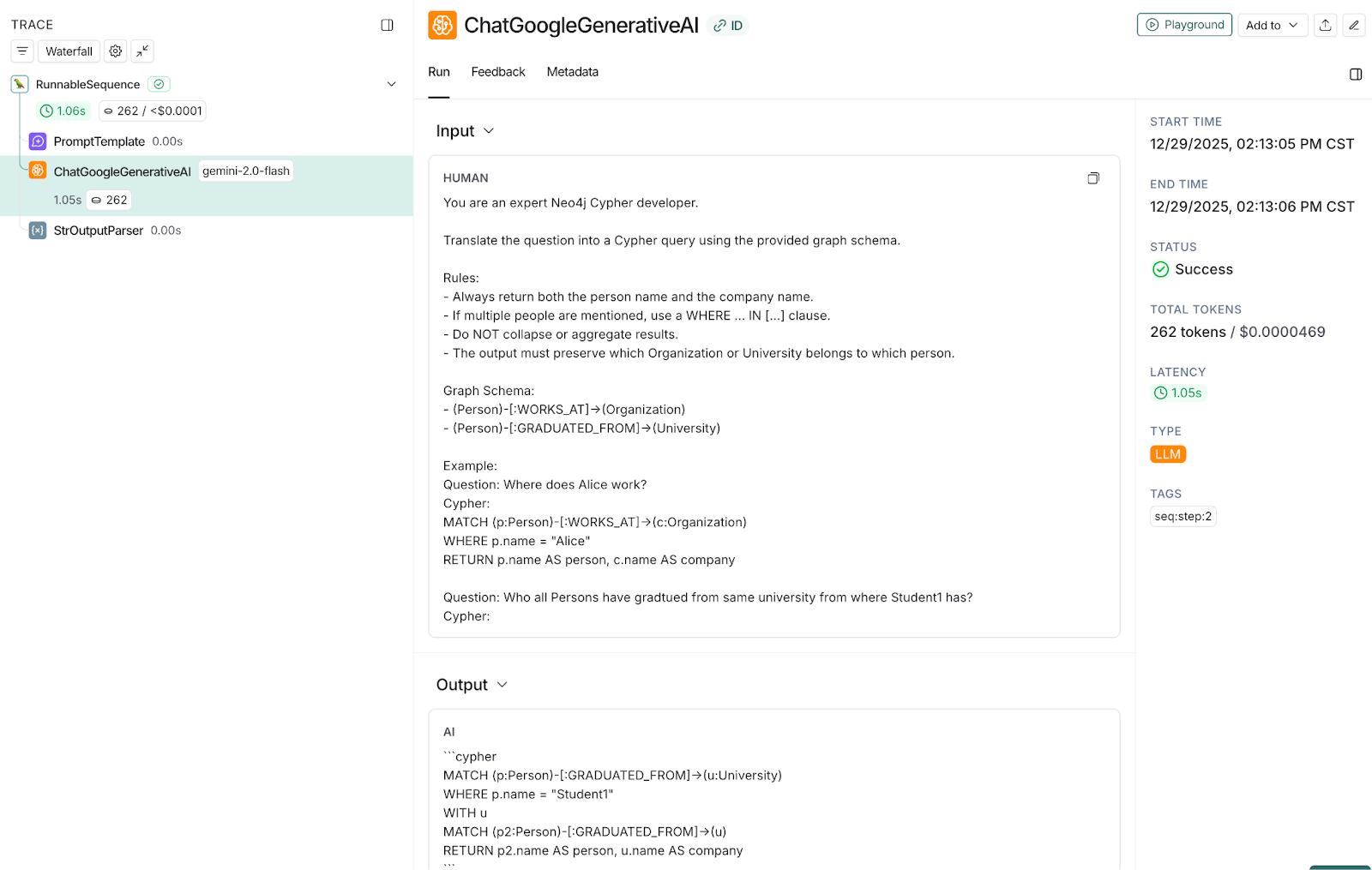LangSmith snapshot showing traces of join Cypher query generation with correct entities and relationships