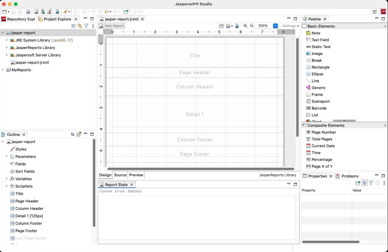 Newly created report in Jaspersoft Studio