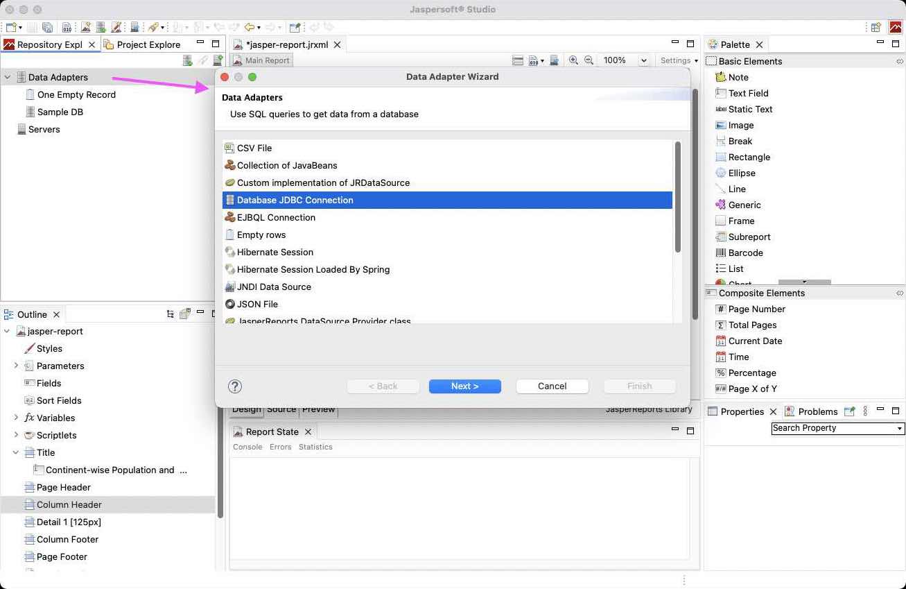 Creating data adapter in Jaspersoft Studio