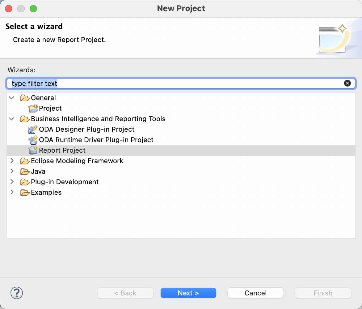 New project wizard in BIRT