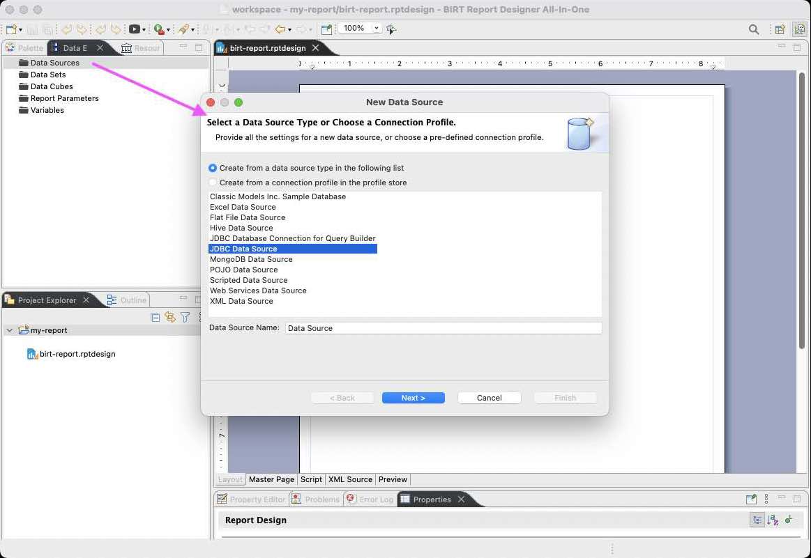 New Data source wizard in BIRT