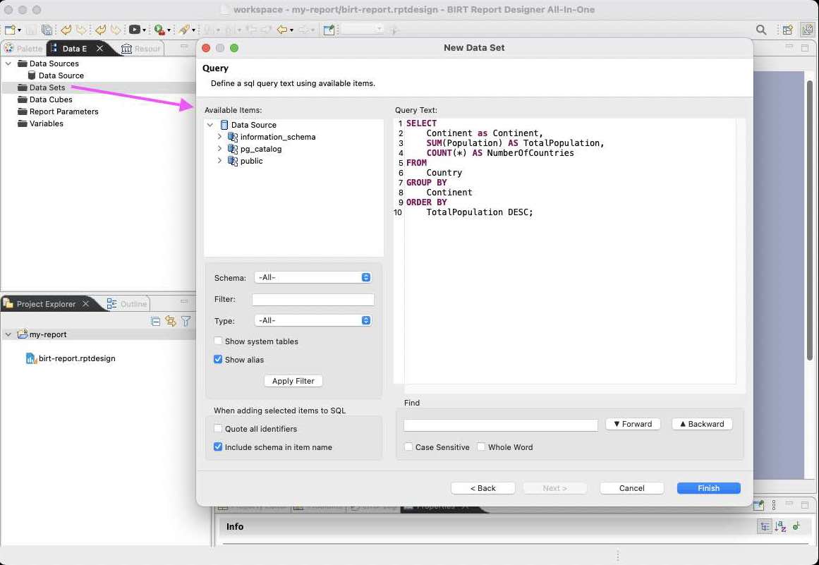 Data set wizard in BIRT