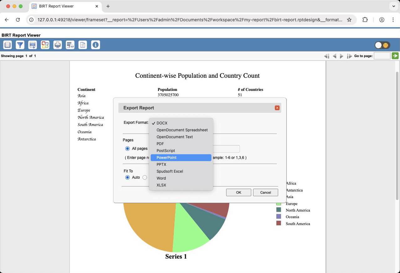 Export options of BIRT Report Viewer