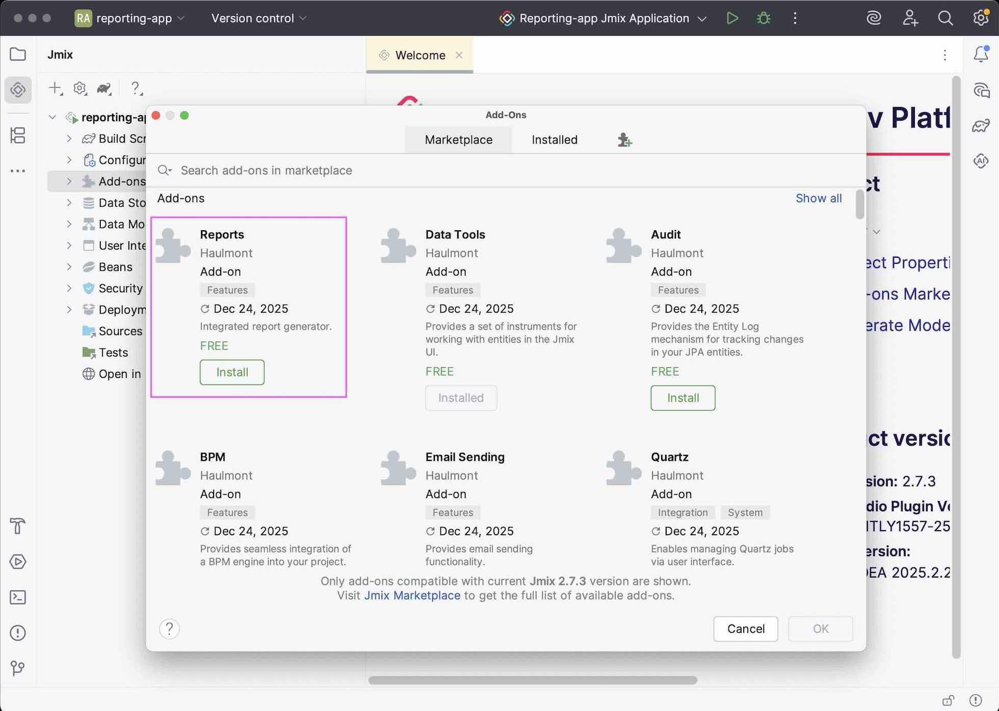 Installing Jmix Reports to the project from Jmix marketplace