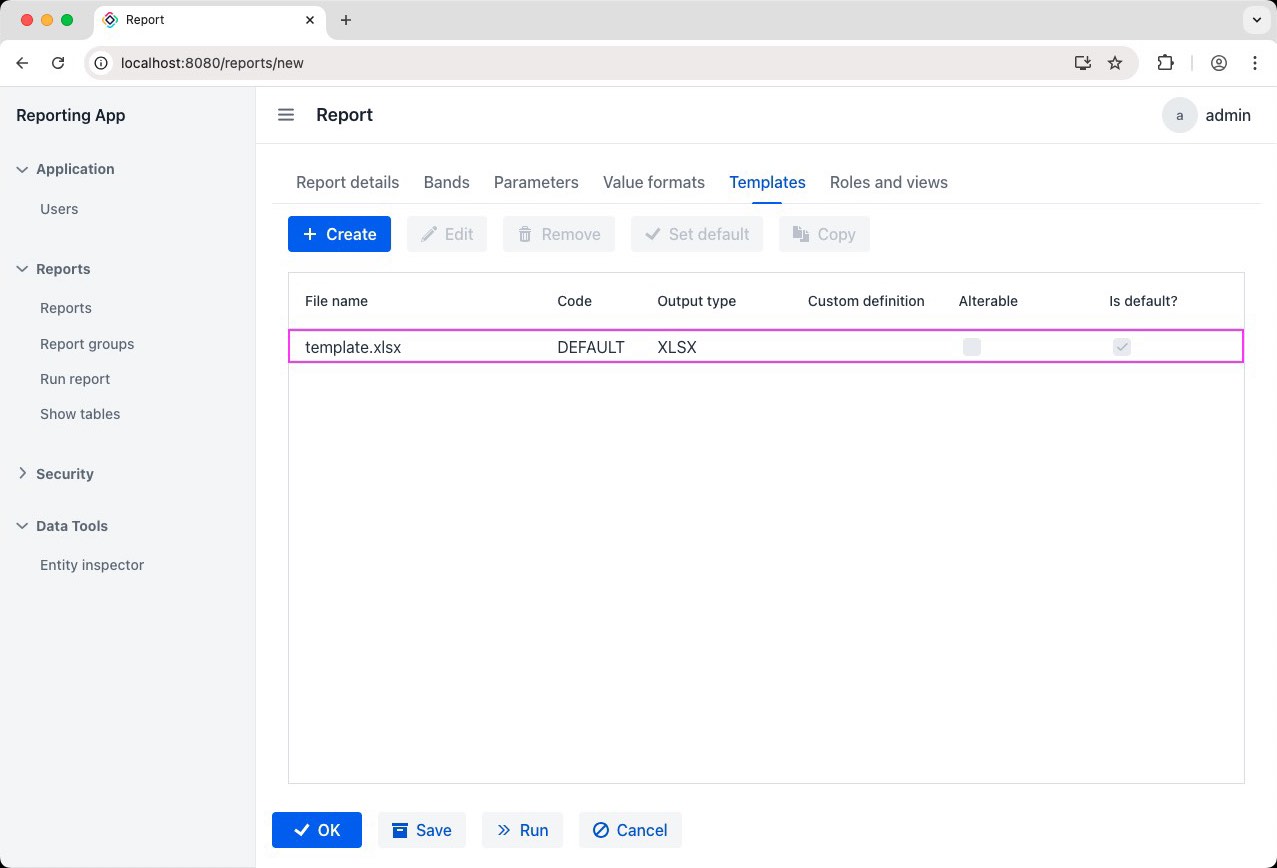 Uploading template to the reporting admin UI