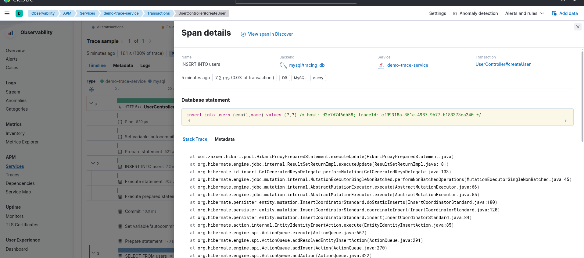 Elastic APM Insert Query Trace with TraceId