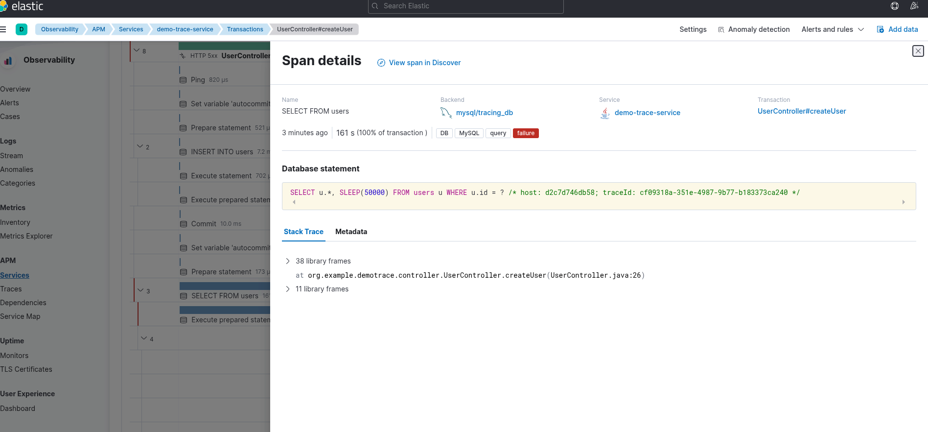 Elastic APM SQL Trace with TraceId
