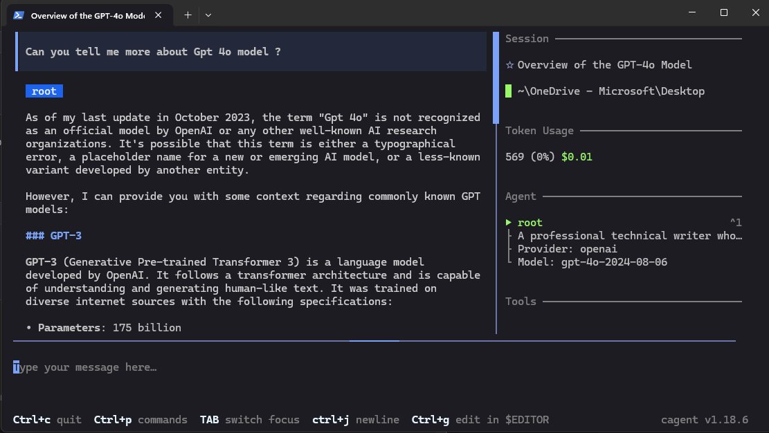 You can chat with your agent in the terminal