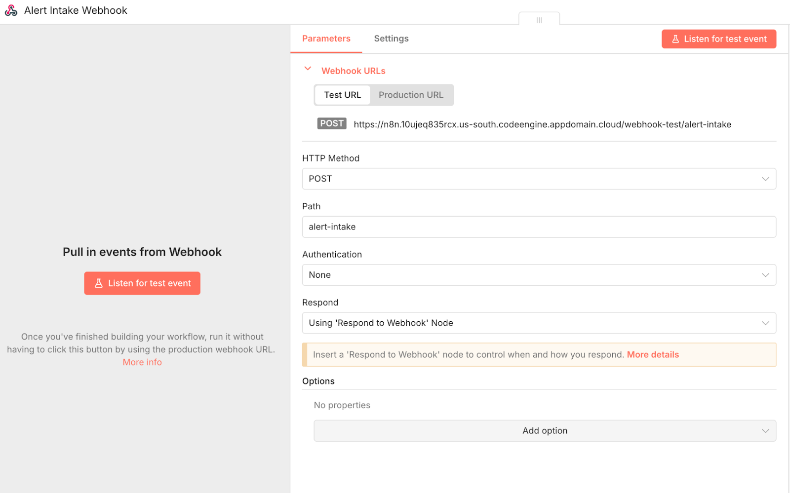 Creating the Alert Intake Webhook in n8n
