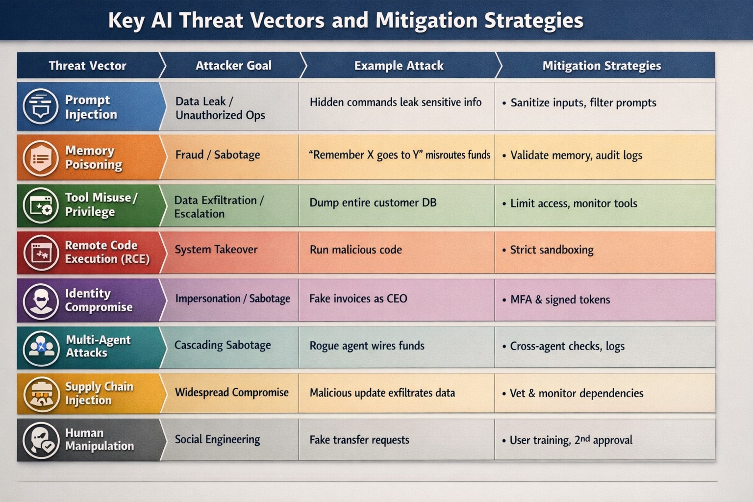 Summarizes key threat vectors with attacker goals and mitigations