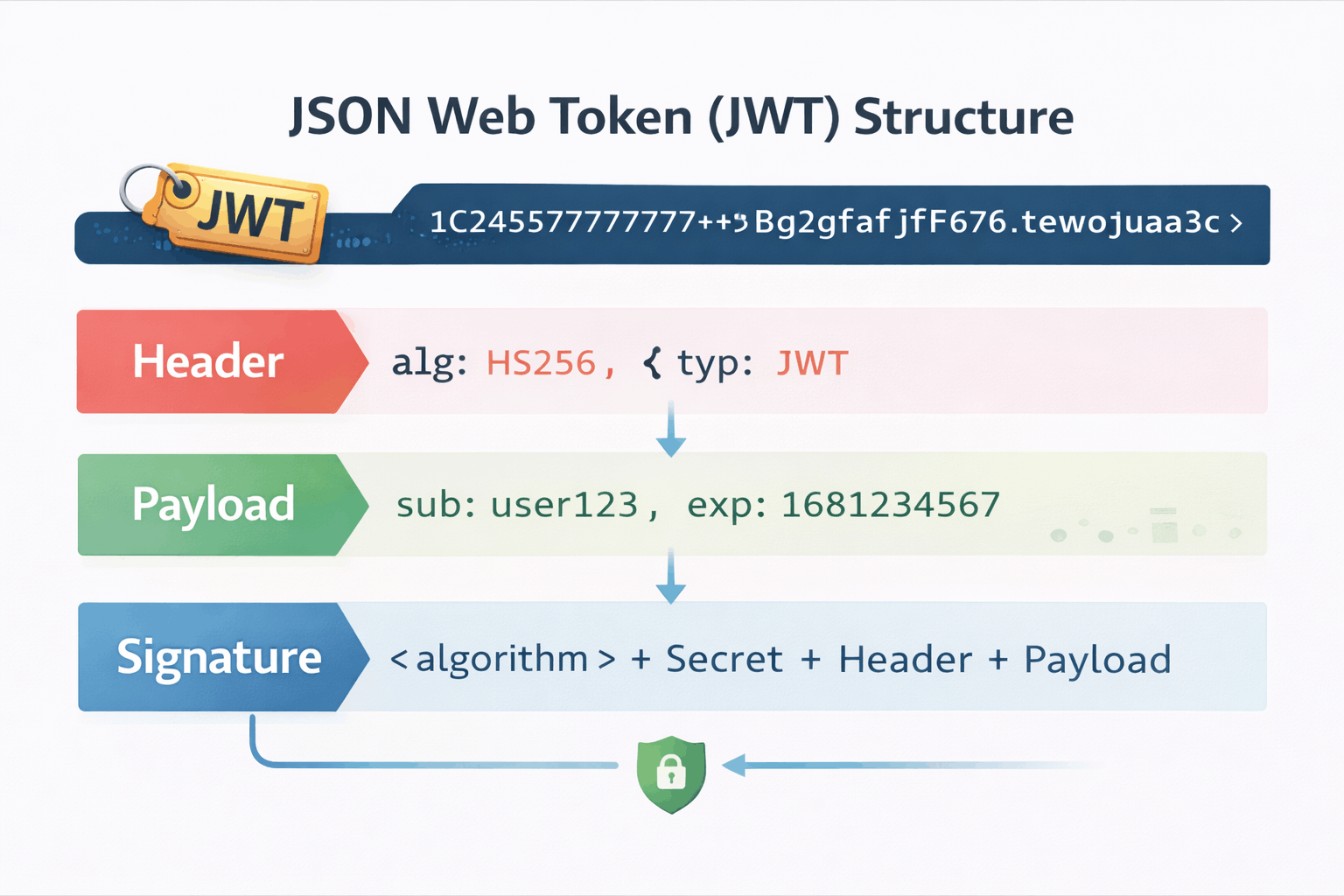JSON Web Token structure diagram showing header, payload, and signature with example fields alg HS256, typ JWT, sub user123, and expiration timestamp.