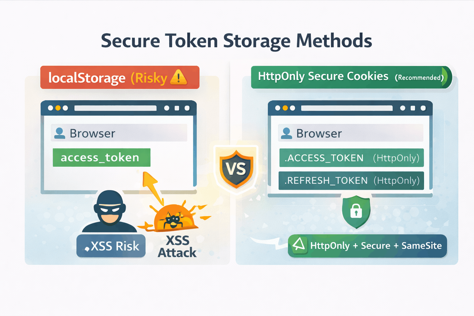 Secure token storage comparison showing localStorage with XSS risk warning versus HttpOnly Secure Cookies with HttpOnly, Secure, and SameSite protections.