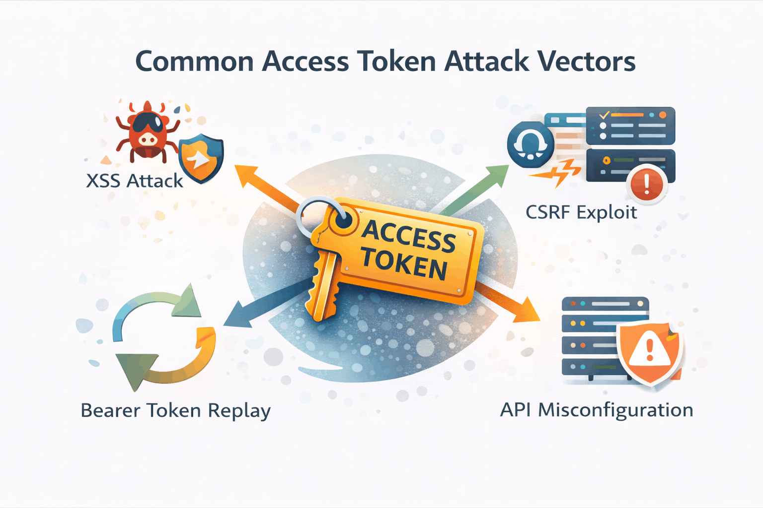 Diagram of common access token attack vectors showing XSS token theft, CSRF exploit, bearer token replay, API misconfiguration, and OAuth redirect abuse targeting an access token.
