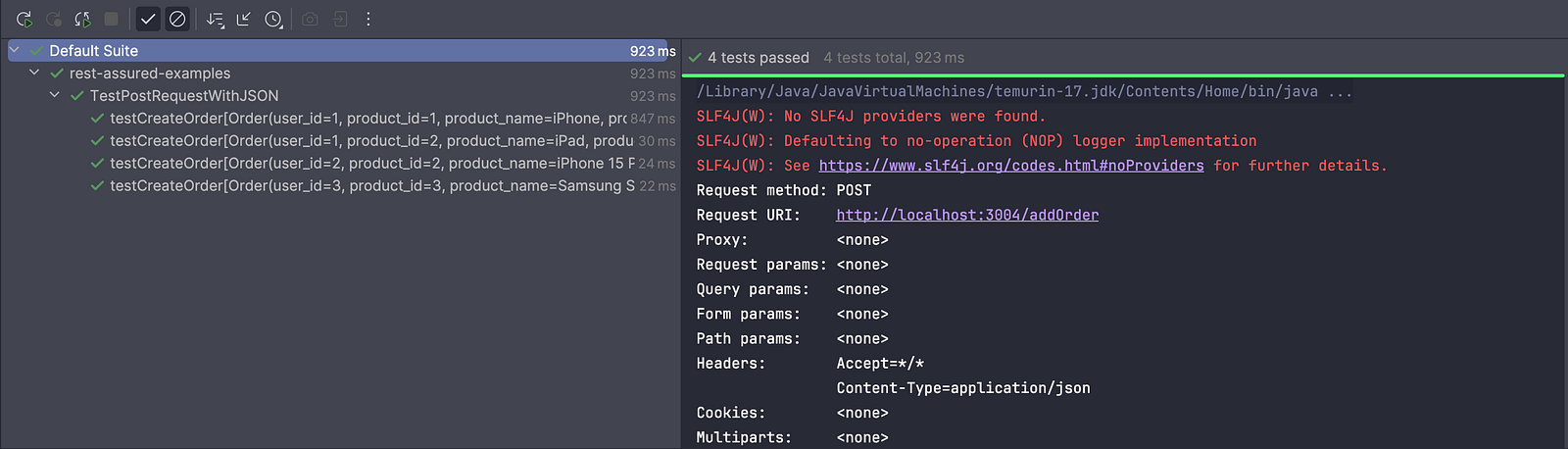TestNG runs testCreateOrder() multiple times, each with different data from the orderData JSON provider
