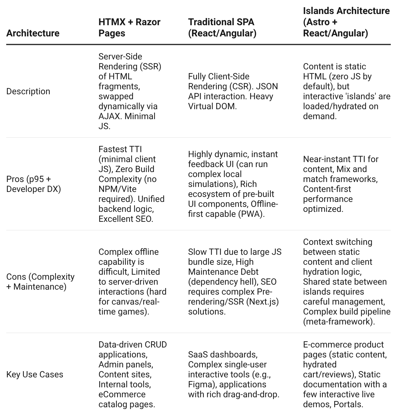 Tabular Comparison of Modern Frontend Architectures