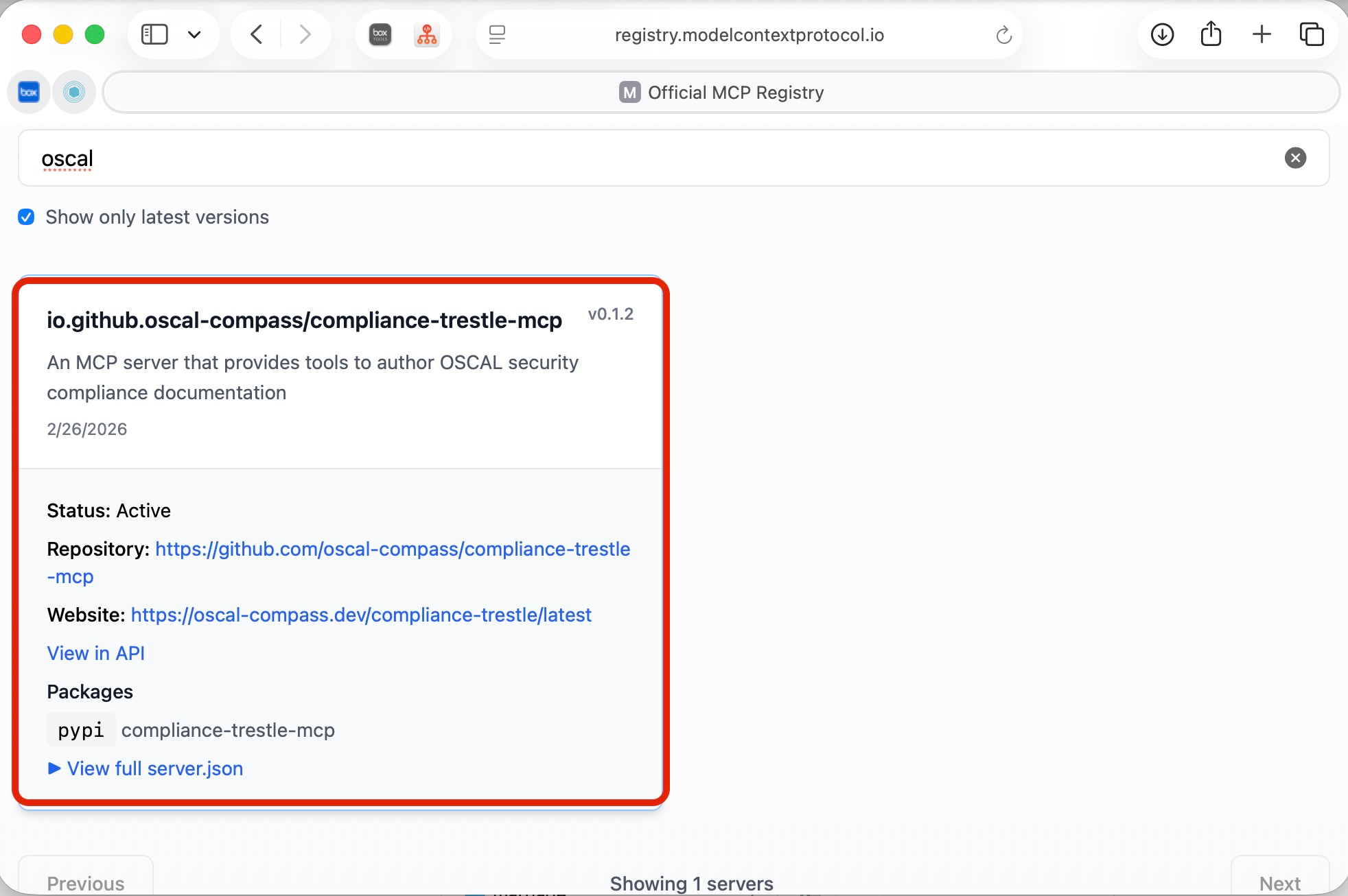 compliance-trestle-mcp listed as Active on the Official MCP Registry
