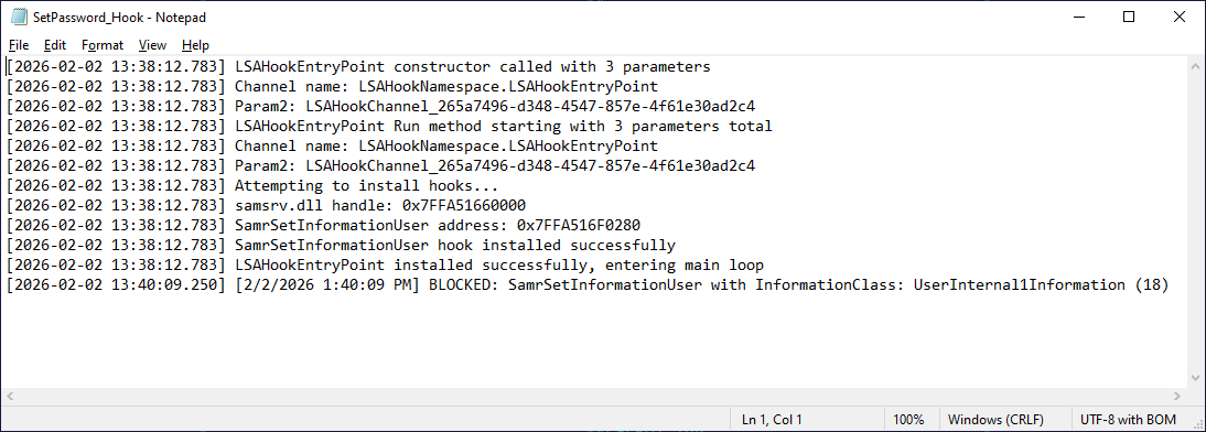 Check the log file at C:\Windows\Temp\SetPassword_Hook.log