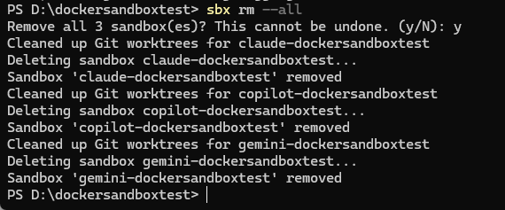 Removing all sandboxes using sbx rm --all command