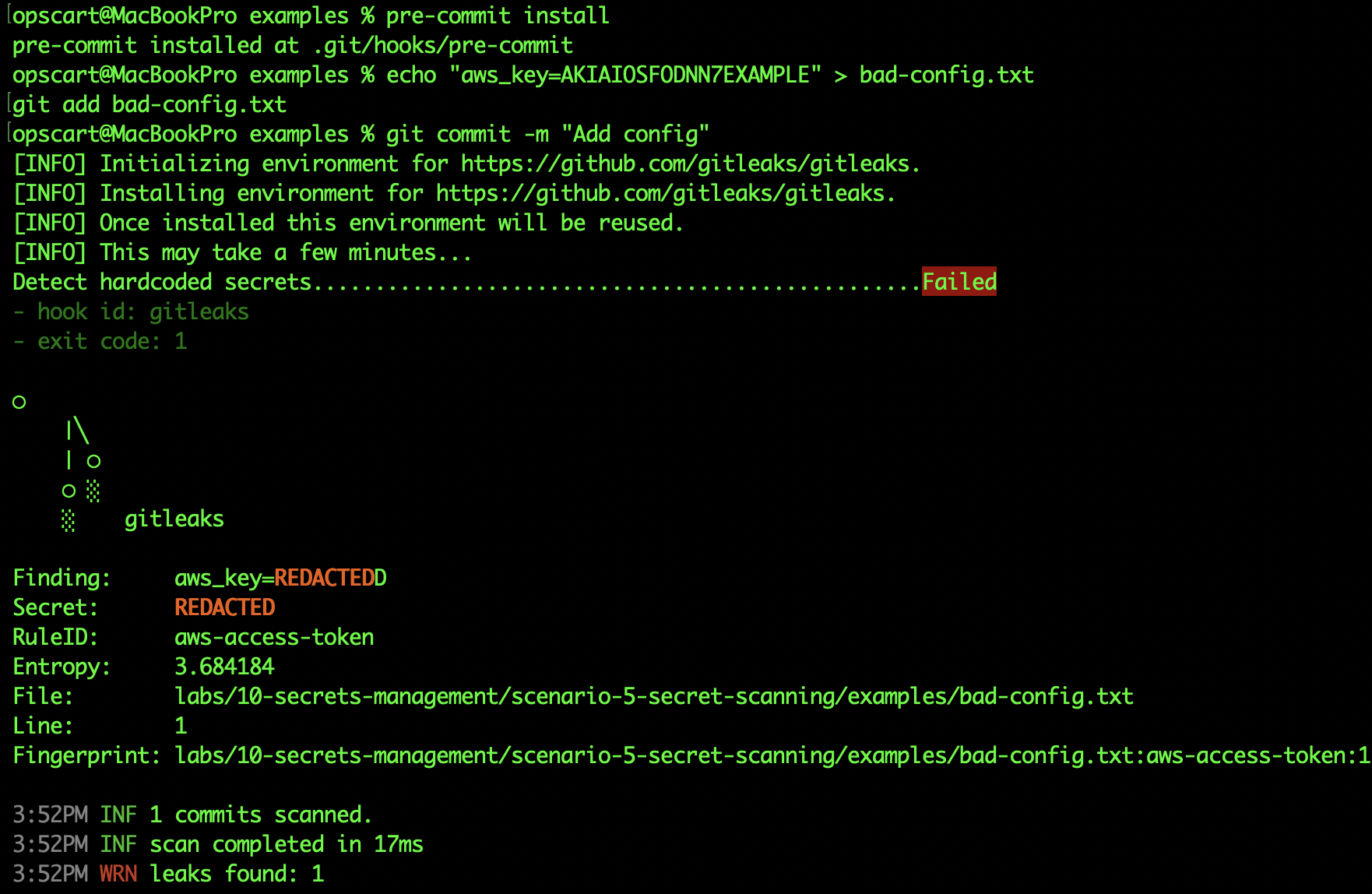 Terminal showing GitLeaks blocking a commit with "ERROR: Secret detected in config.yml