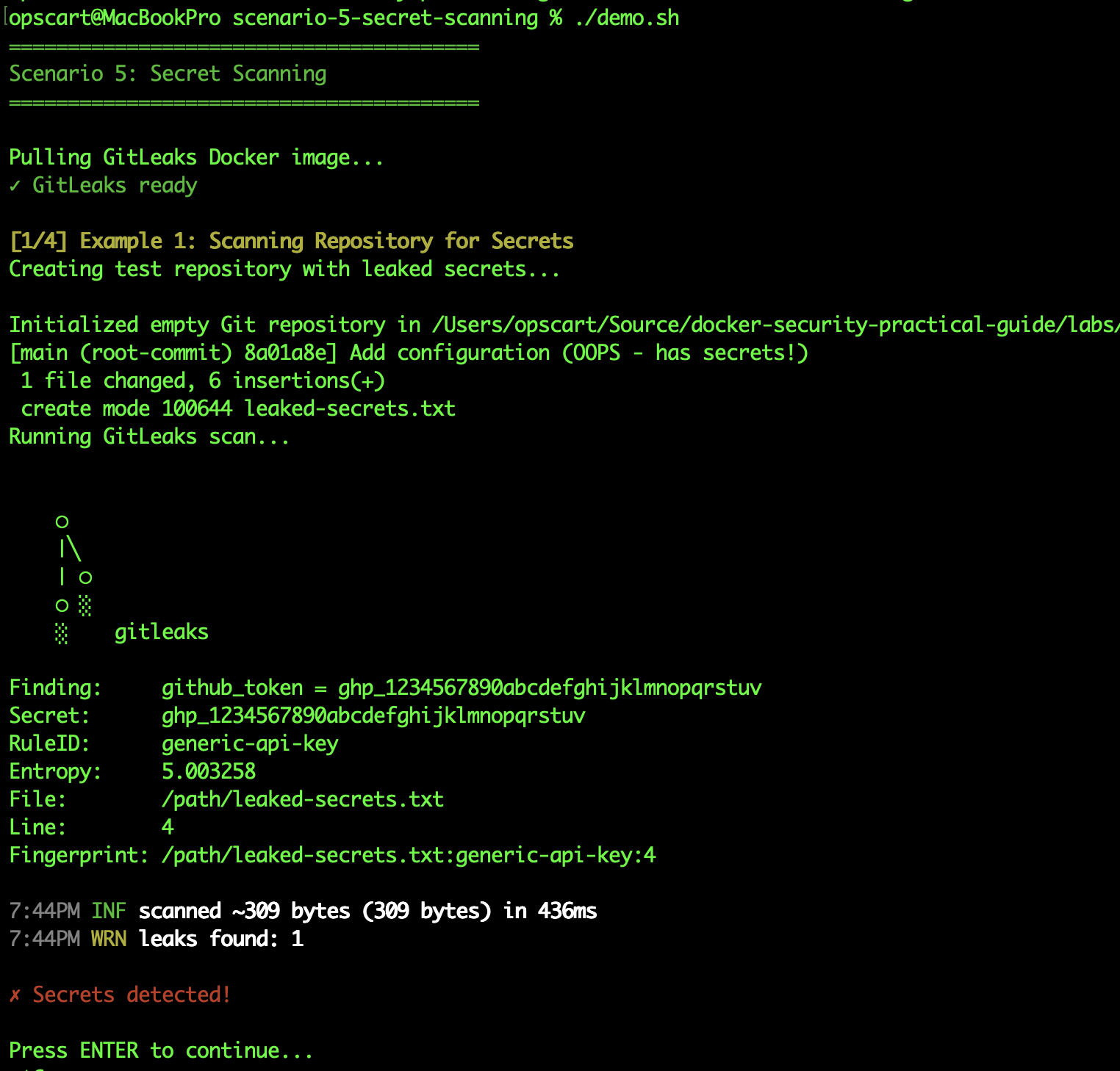 GitLeaks terminal output showing detected AWS key and GitHub token with file paths and line numbers