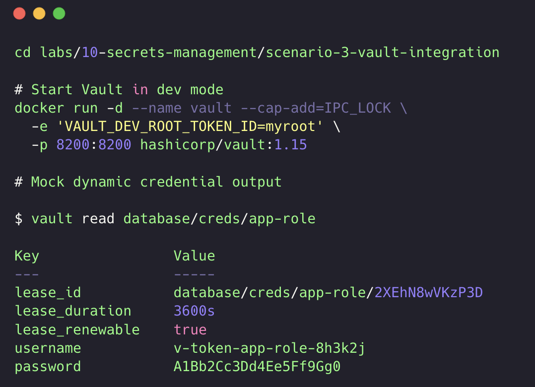 Terminal output showing Vault returning temporary username/password with lease_duration