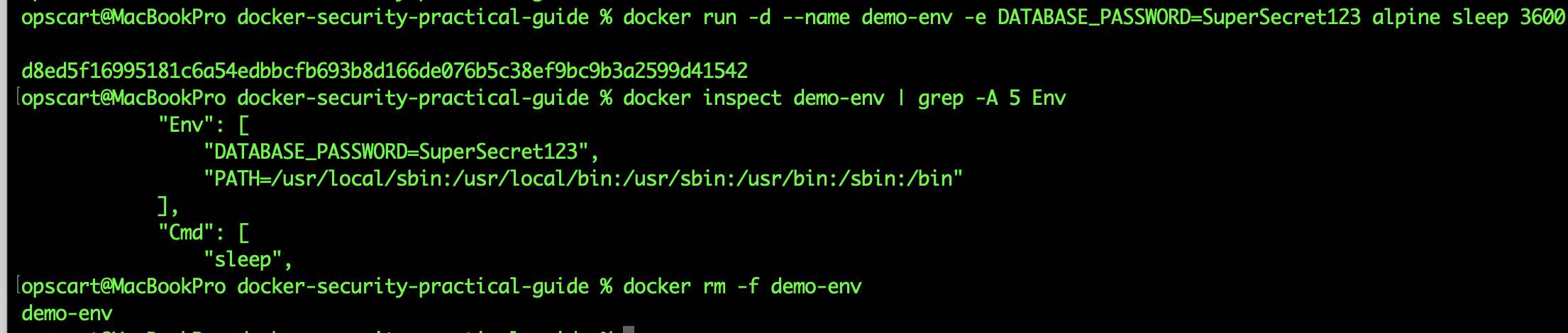 Screenshot of docker inspect output showing SecretName but no SecretValue