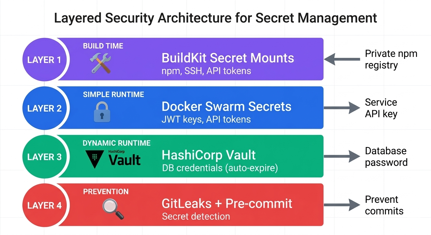 Architecture diagram showing layered secrets approach