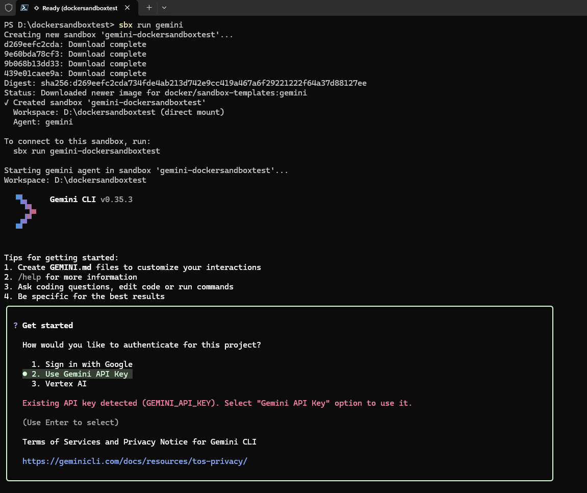 How to run gemini agent on Docker sandbox
