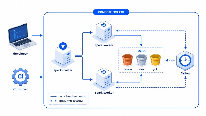 Lakehouse in a Box: a Docker Compose project with spark-master, two spark-workers, MinIO (bronze/silver/gold buckets) and Airflow, with a developer laptop and CI runner both pointing at the same Compose file.