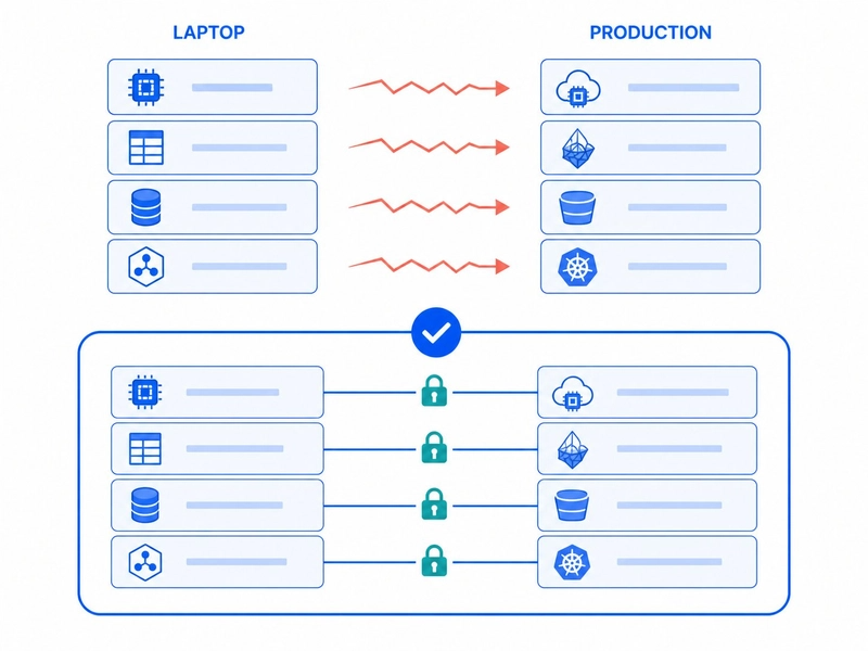 The Four-Layer Drift Problem: compute, table format, storage, and orchestration drift independently between laptop and production; containerizing pins all four together.