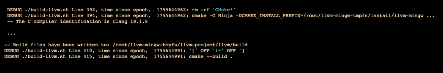 Example output after adding timestamps to the build