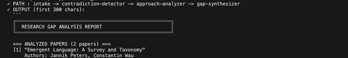 The smoke test after completing the graph, with the two readers running concurrently and the path routing through contradiction-detector.