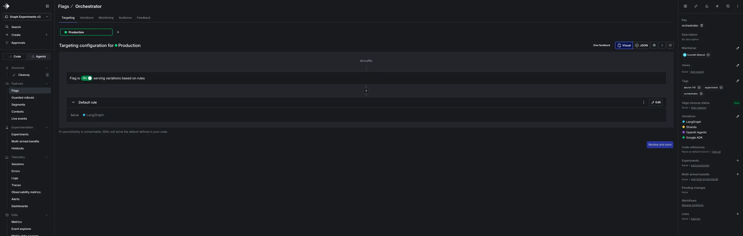 The orchestrator flag with a variation per framework, serving the default to production as the runtime router.