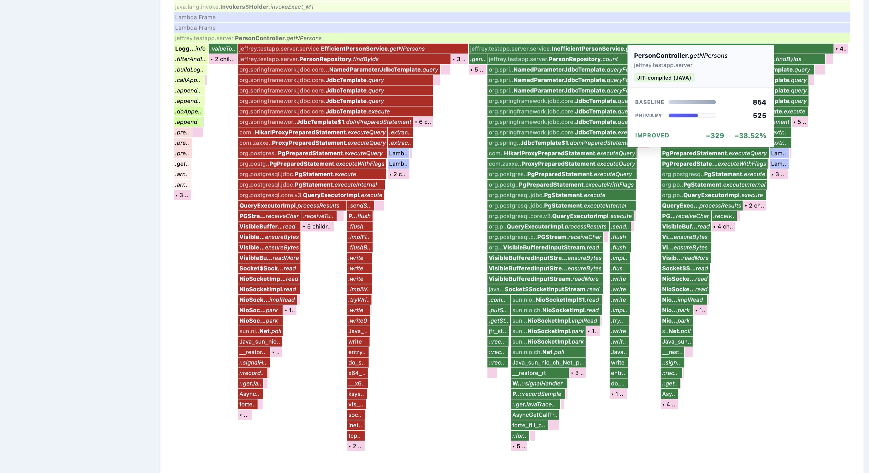 Differential flamegraph highlighting new (red) and removed (green) execution paths
