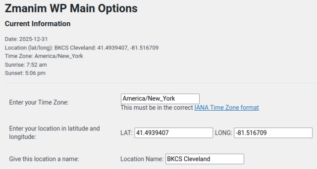 Zmanim WP Main Options