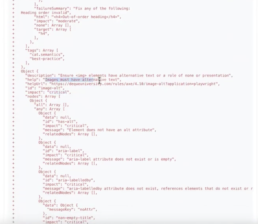 Sample of the accessibility issues flagged during an actual test run
