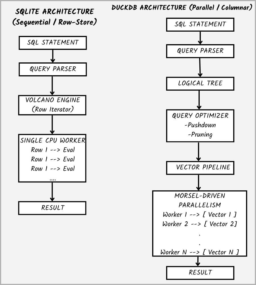 Architectural comparison between SQLite’s sequential row-store processing and DuckDB’s optimized columnar vector execution pipeline