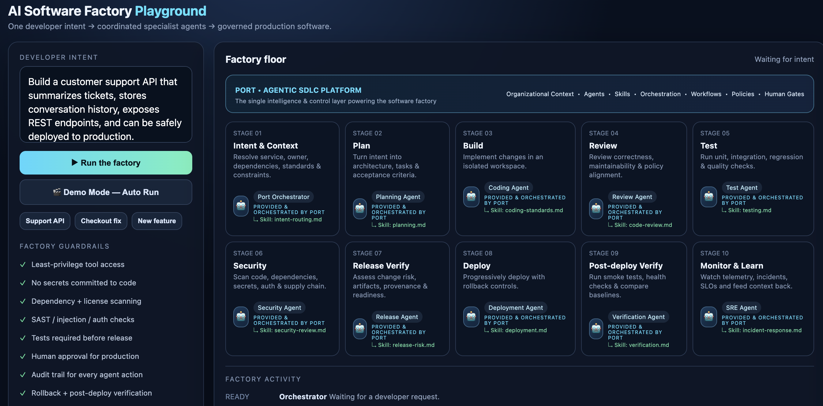 AI software factory playground with port
