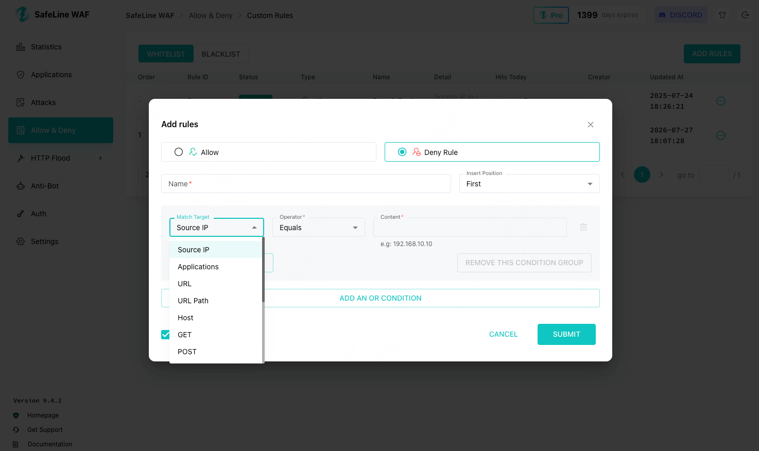SafeLine’s Custom Allow Rule and Deny Rule Configuration Interface
