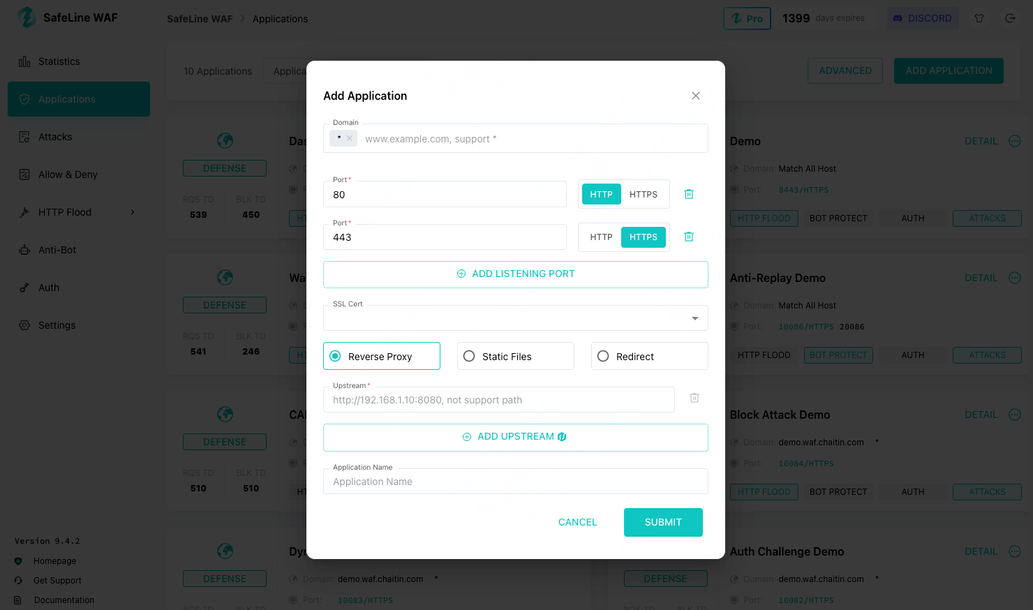 Add the application you want to protect in the SafeLine management console