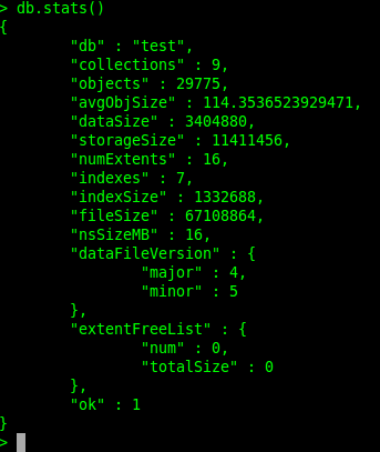 A db.stats() example, showing dataSize, storageSize, and fileSize