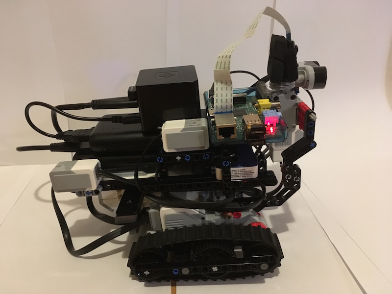 Robo4j testing system : camera unit, ultra-sonic, gyro, color and touch sensors. Whole system contains also one  Raspberry Pi, Lego Brick and CuBox i4Pro (4-core CPU) with 500GB hard-drive as re-usable data-storage. Whole system is powered by 2x2500mAh and one 25000mAh unit.